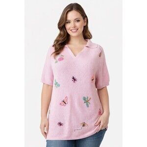 White Stag Plus 16W Pink Candy Embroidered Knit Top Butterfly Floral